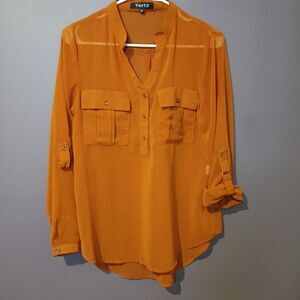 Verty Size Small Sheer‎ Blouse Roll Tab Long Sleeve Burnt Orange